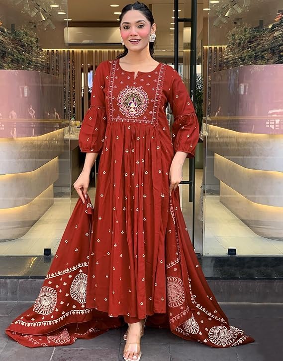 Image of KLOSIA Women Rayon Printed Anarkali Kurta Set with Dupatta