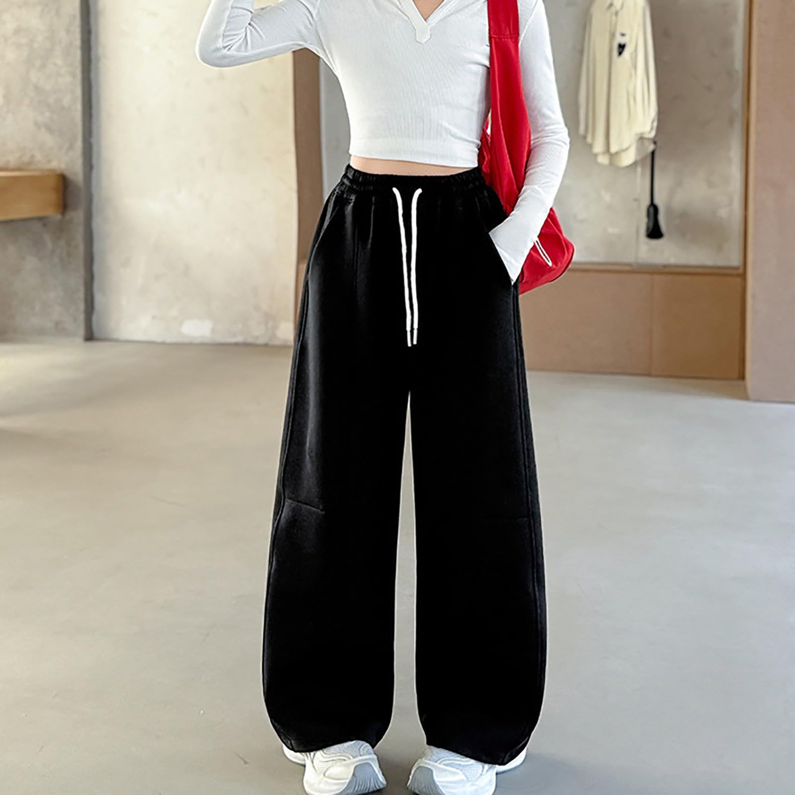 Pantaloni da jogging larghi da ragazza a gamba larga foderati in pile elastico in vita pantaloni da scuola per bambini morbidi e caldi pantaloni della tuta casual comodi pantaloni da tuta casual
