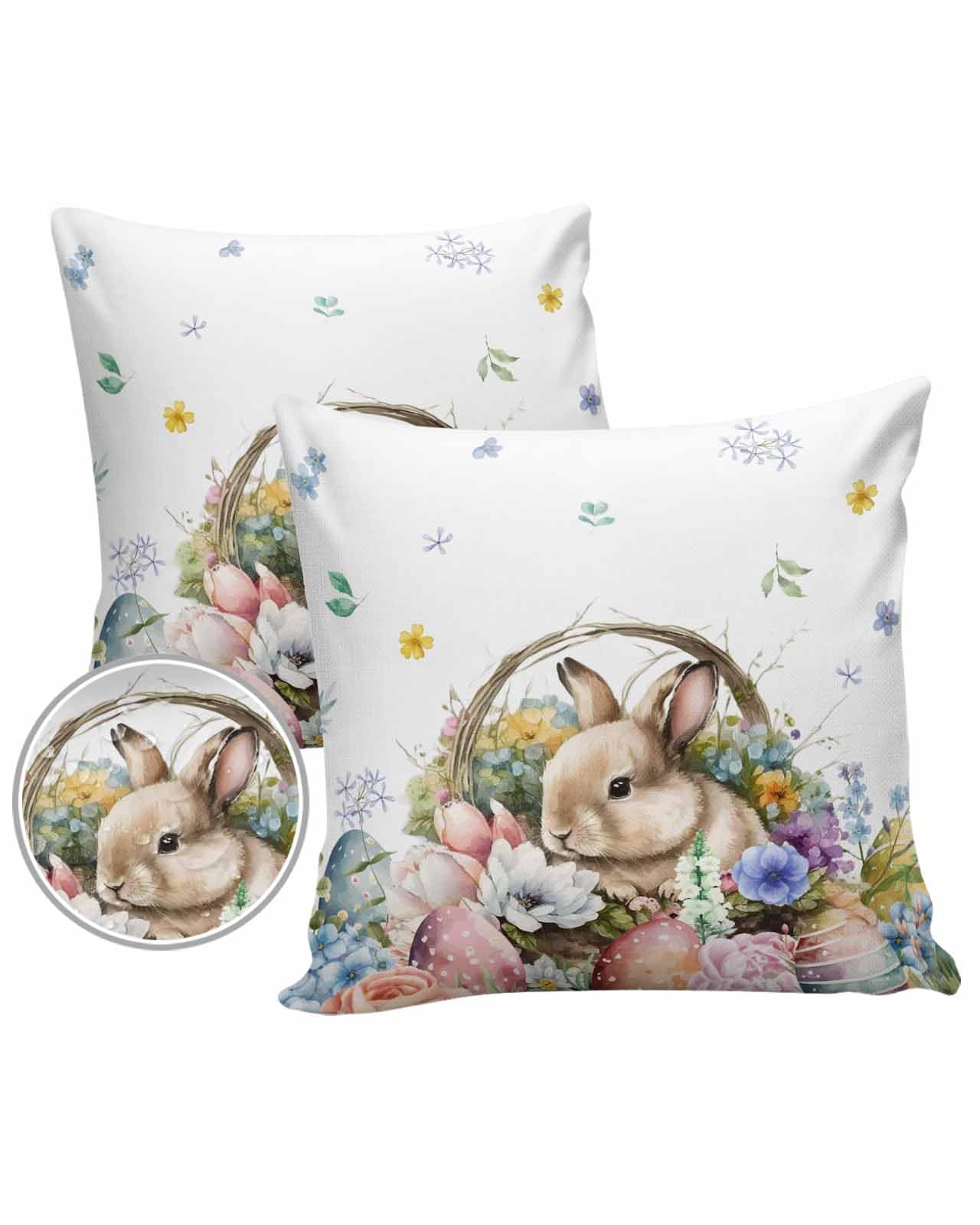 Outdoor Throw Pillow Covers 20x20 Waterproof Happy Easter Rabbit Watercolor Outdoor Pillows Decorative Pillow Covers Cushion Covers Pillowcase for Tent Patio Garden Couch Set of 2, Spring Flowers
