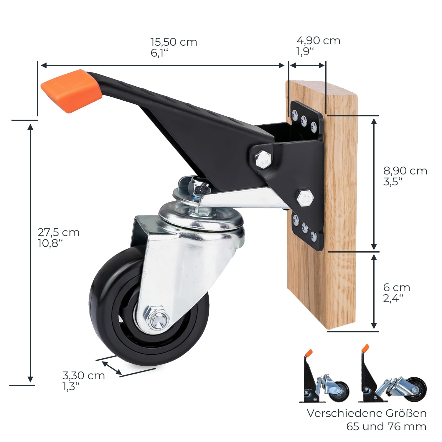 HMF 6750 Schwerlastrollen absenkbar für Werkbank | 4 Stück | 76 mm | bis 400 kg | Polyurethan, Schwarz