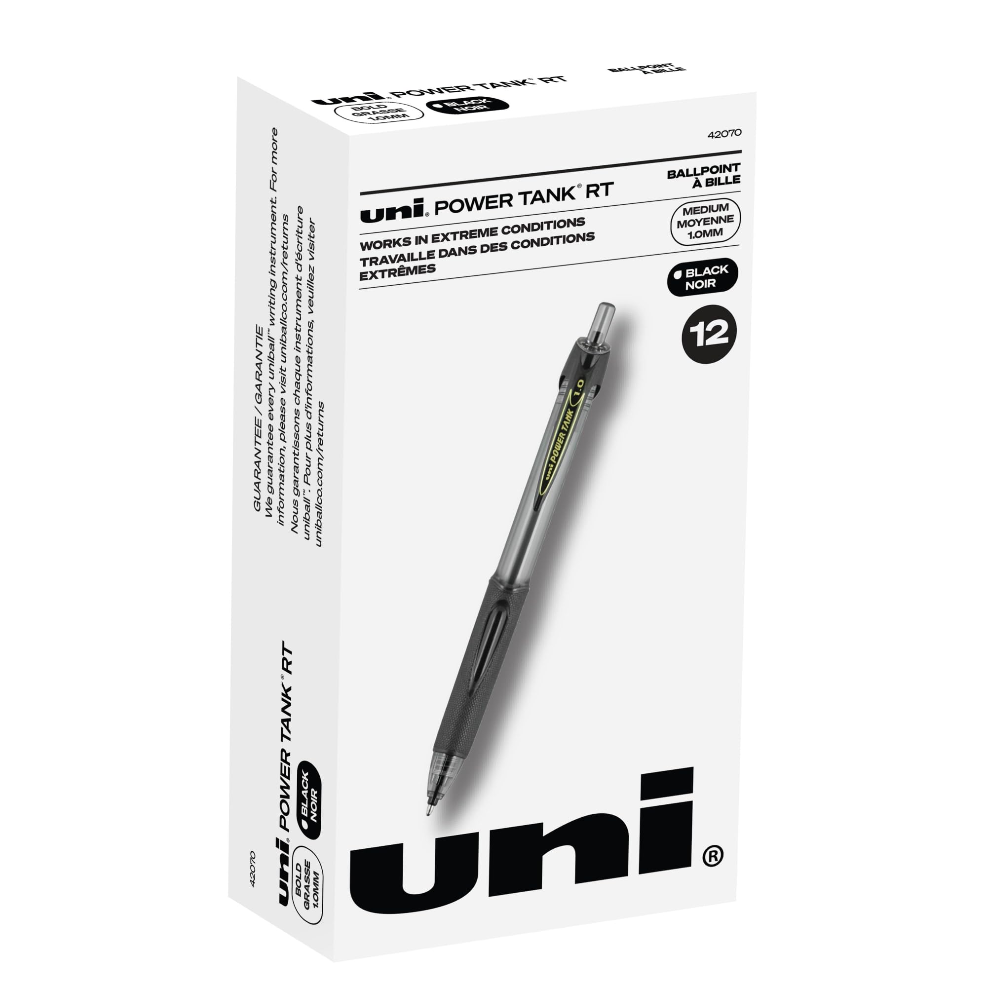 uniball™ Power Tank Druckkugelschreiber, 12 Stück, breite Spitze, 1,0 mm, schwarzer Schaft, schwarze Tinte
