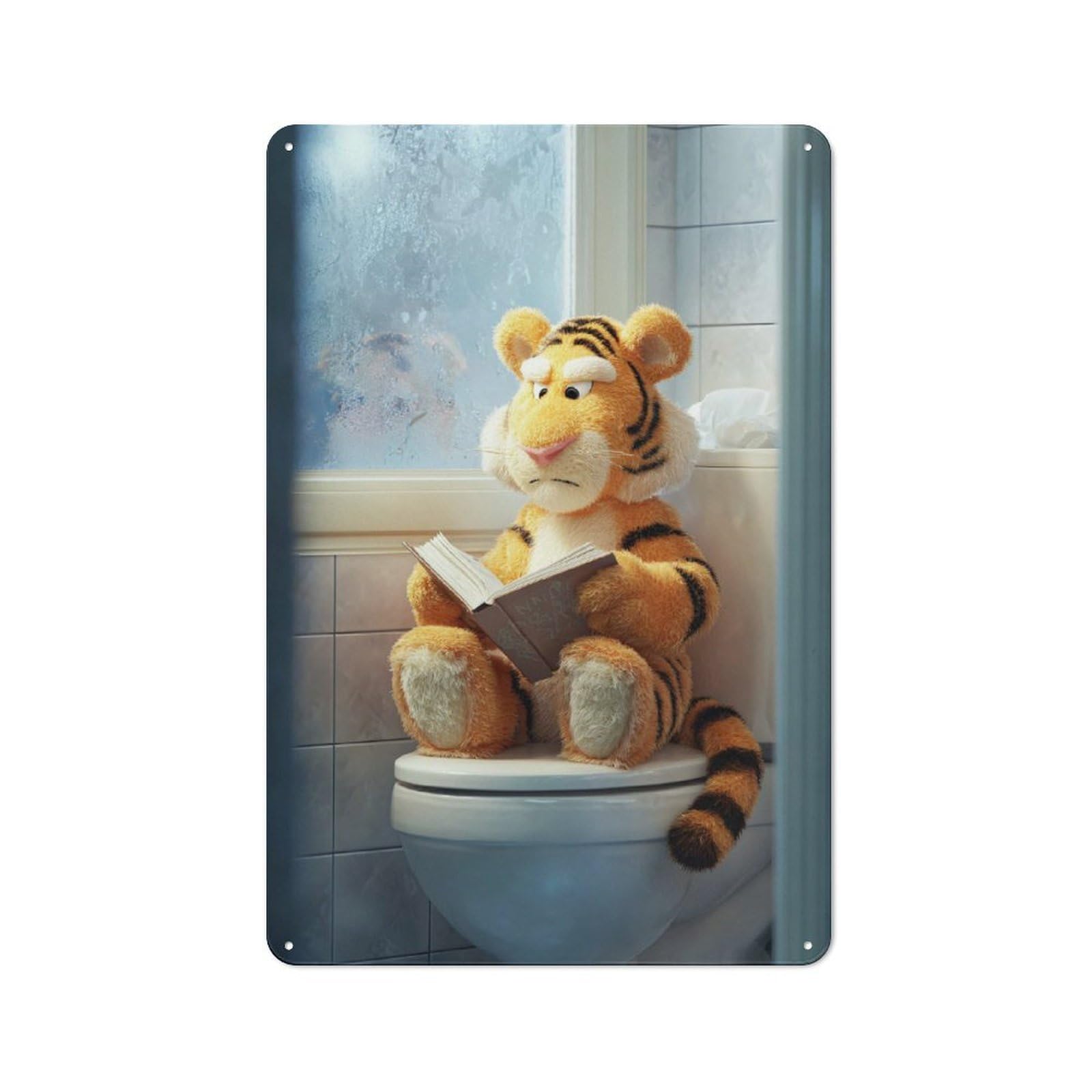 Junmoney Style-15 Tiger Reading On A Toilet Workshop Style Metal Wall Decor 30X20cm, Decorative Metal Plaque For Garage, Workshop, Shed Or Utility Room