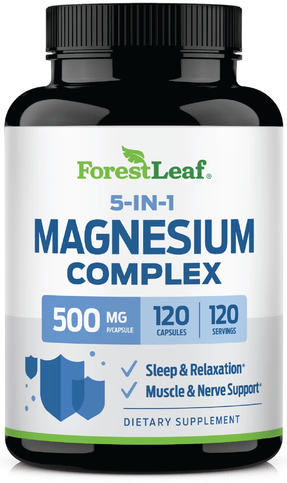 ForestLeaf Magnesium Complex for Women and Men - 500mg Magnesium Supplement for Sleep - 5-in-1 Chelated Magnesium Citrate, Bisglycinate, Malate, Taurate, Oxide (120 Ct) Magnesium Complex 120 Count (Pack of 1)