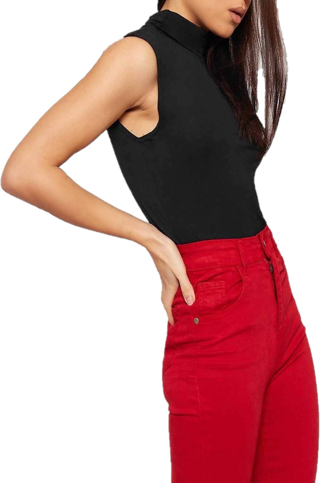 Womens Polo Neck Plain Ladies Stretch Sleevless Vest Turtle Bodycon Top (Black, UK XXL)