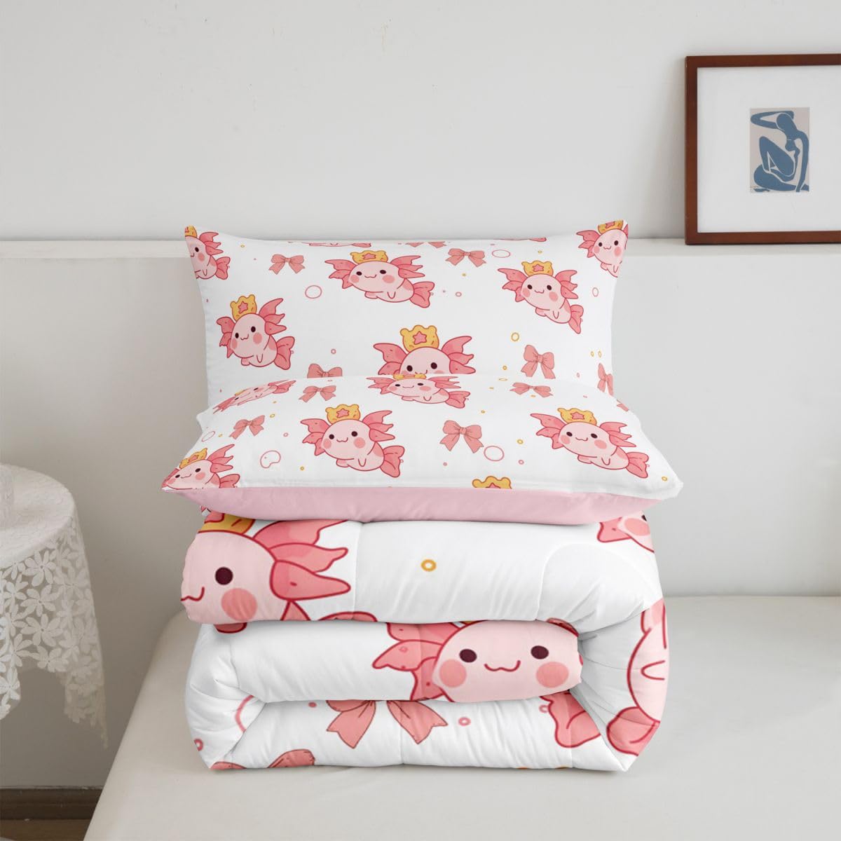 Homewish Kawaii Axolotl zestaw pościeli King Size - Axolotl zestaw pościeli do pływania, różowa kokarda, bąbelkowa kołdra, zwierzęta morskie, poszewka na kołdrę z 2 poszewkami na poduszki