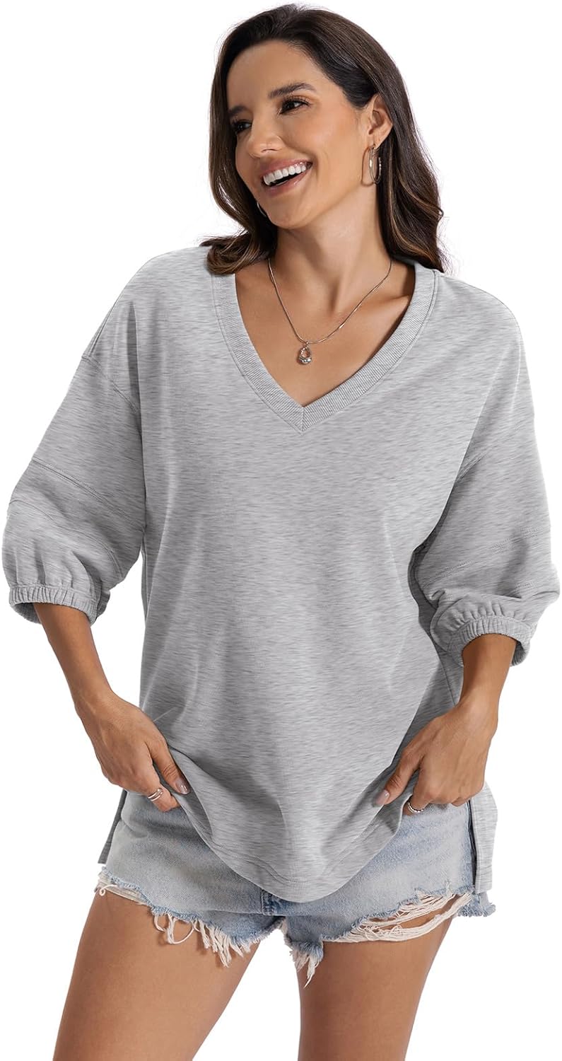 Woman wearing the Womens Cotton V Neck Sweatshirt in a neutral color.
