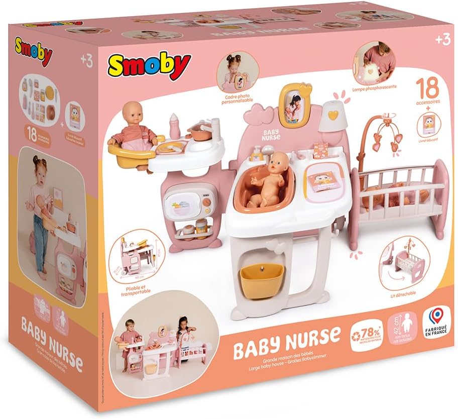 Smoby - Baby Nurse - Large baby house - For babies up to 42 cm - 3 play areas - 19 accessories - Foldable and portable - Recycled material - Ages 3+ - Made in France