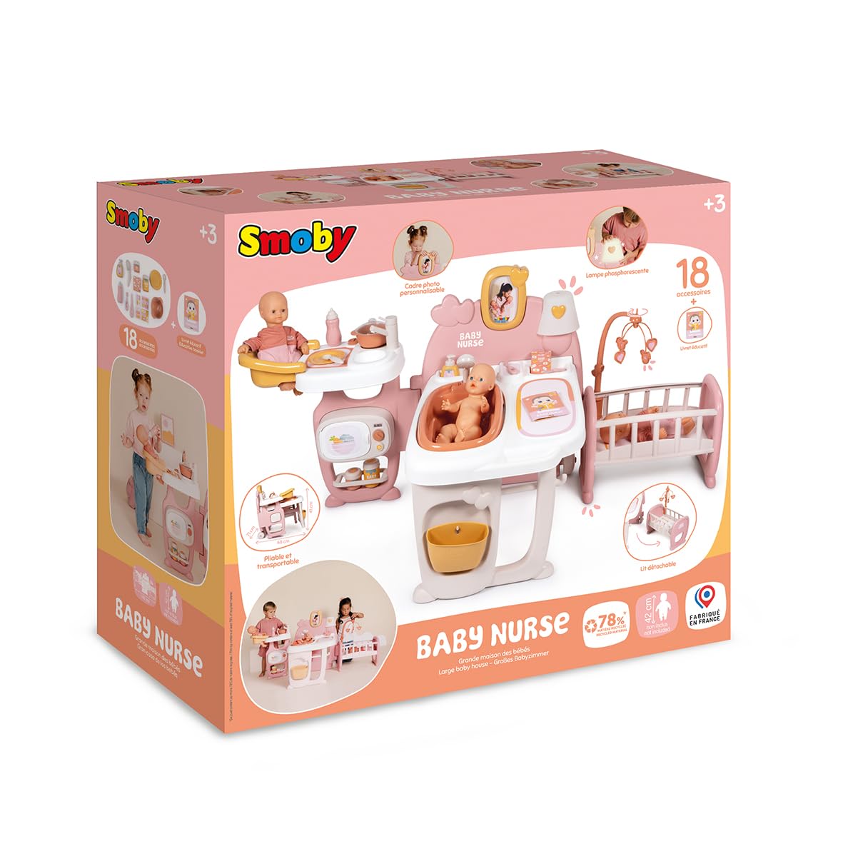 Smoby - Baby Nurse - Grande Maison des Bébés - pour Poupons Jusqu'à 42 cms - 19 Accessoires - Matière Recyclée - A Partir de 3 Ans - Fabrication Française
