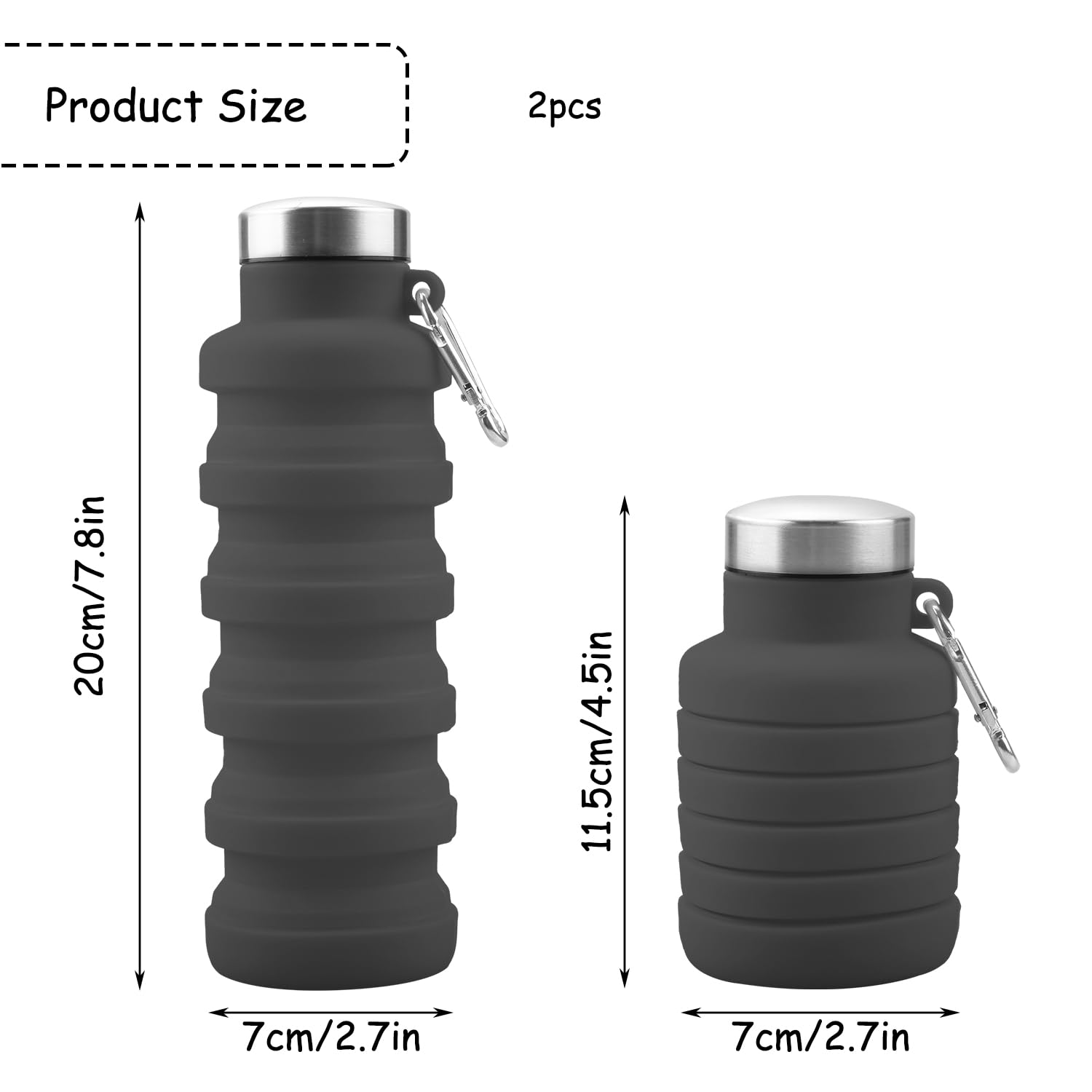 Rumyve Silicone Water Bottle,Collapsible Portable Travel Bottle,Leakproof Sports Bottles Outdoor Accessories for Hiking Camping Running(Grey) - Image 2