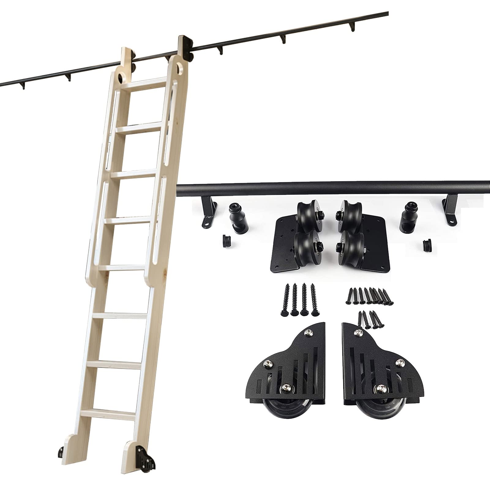 Kit ferramenta per Scale per Biblioteca con Ruote a rulli per Pavimento + Binario Tubolare Rotondo per Sistema di Scale scorrevoli (Binario da 10 piedi/300 cm)
