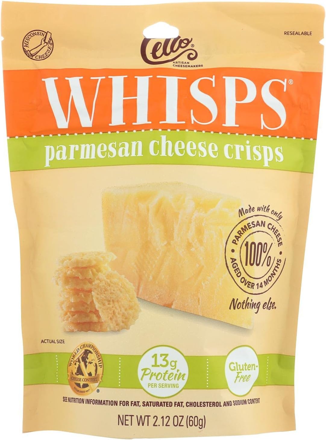 Cello Whisps Parmesan Cheese Crisps, 2.12 Ounce - 12 per case.
