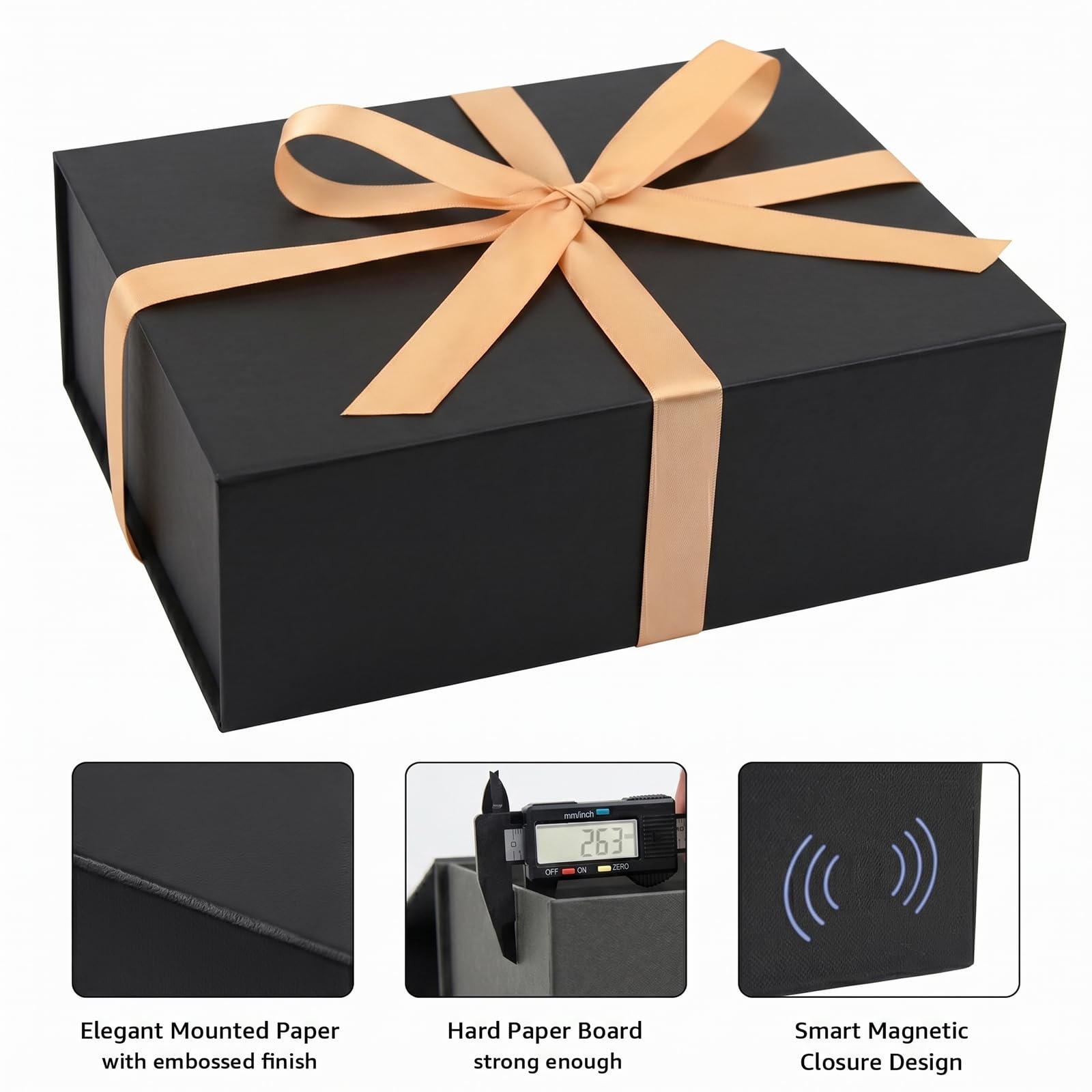 LIFELUM Confezione da 5 scatole regalo pieghevoli nere 24,1 x 17,8 x 8,9 cm, con coperchio magnetico, nastro, biglietti di auguri, riempitivo di carta triturata per la festa del papà, testimoni dello