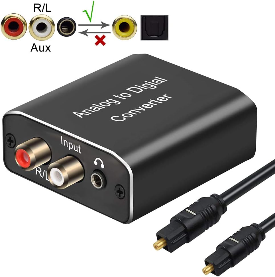 Cingk Analog to Digital Audio Converter ADC RCA L/R and 3.5mm Jack Analog to Digital Optical Coaxial Audio Adapter Support Stereo LPCM CH2.0 with Toslink Cable and Power Adapter
