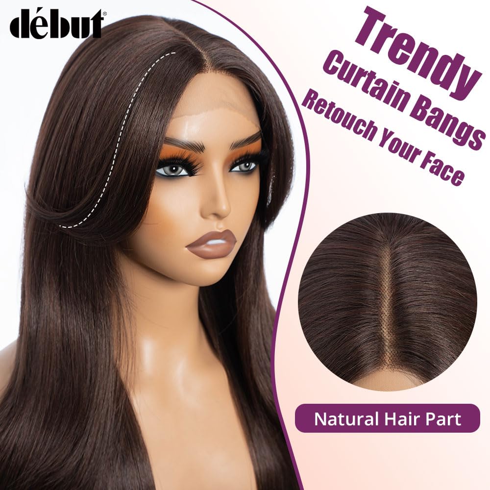 DÉBUT Chocolate Brown Synthetic Lace Front Wigs with Curtain Bangs, Long Straight Layered Wigs with Bangs, Middle Part with Natural Hairline Lace Front Wigs for Women, Brown Color 26 Inch