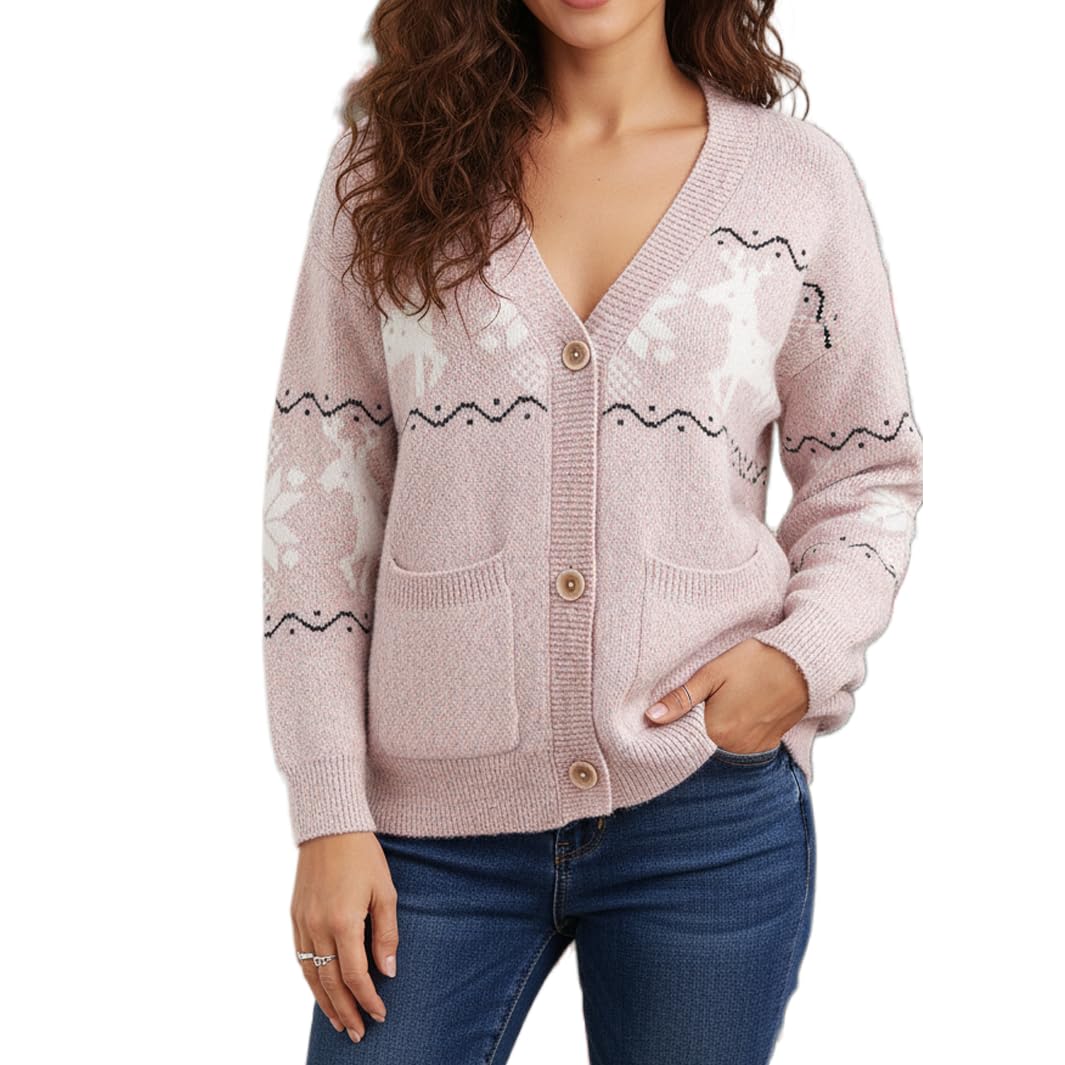 Womens Christmas V-Neck Button-Front Cardigan Xmas Reindeer Print Long Sleeve Knit Sweater with Pockets