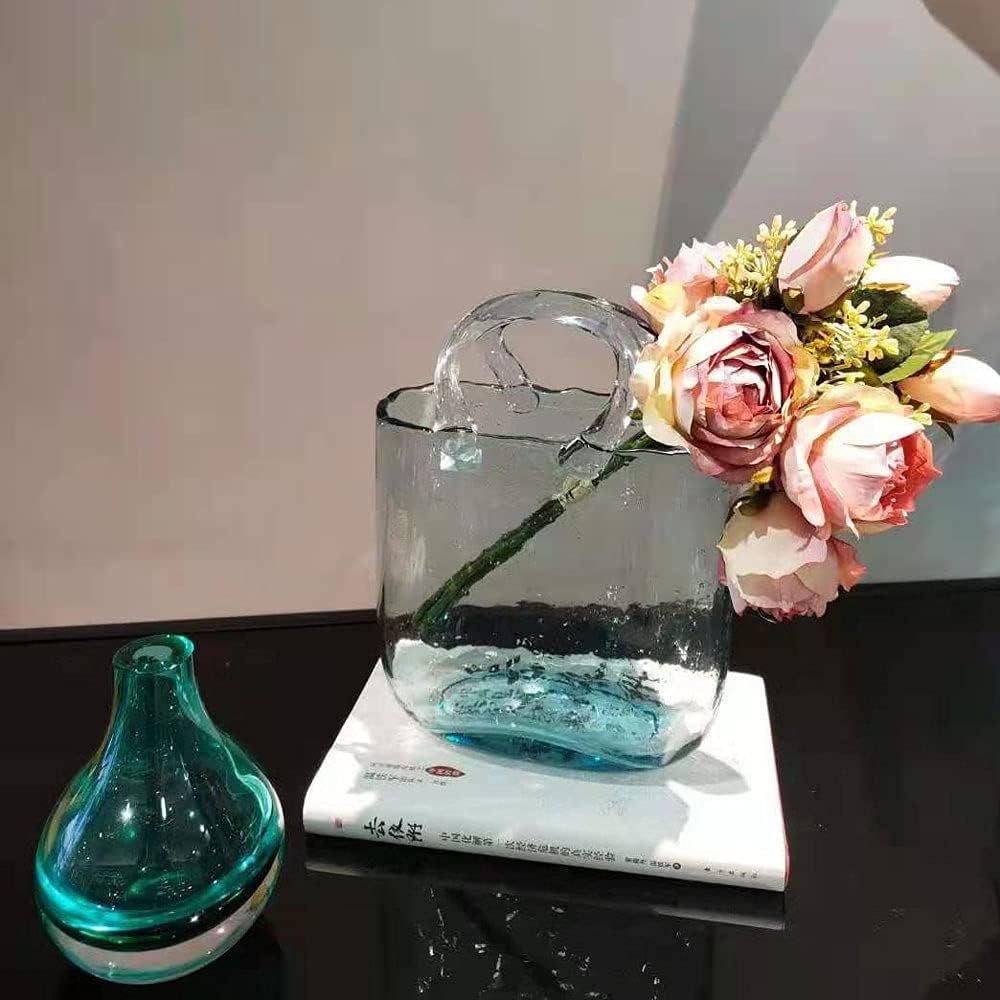 Candora Bag Glass Vases for Decor Creative Bubble Handbag Flower Vase Desktop Glass Basket Vase Mini Crystal Fish Tank for Table Centerpieces, Kitchen, Office Living Room (Blue)