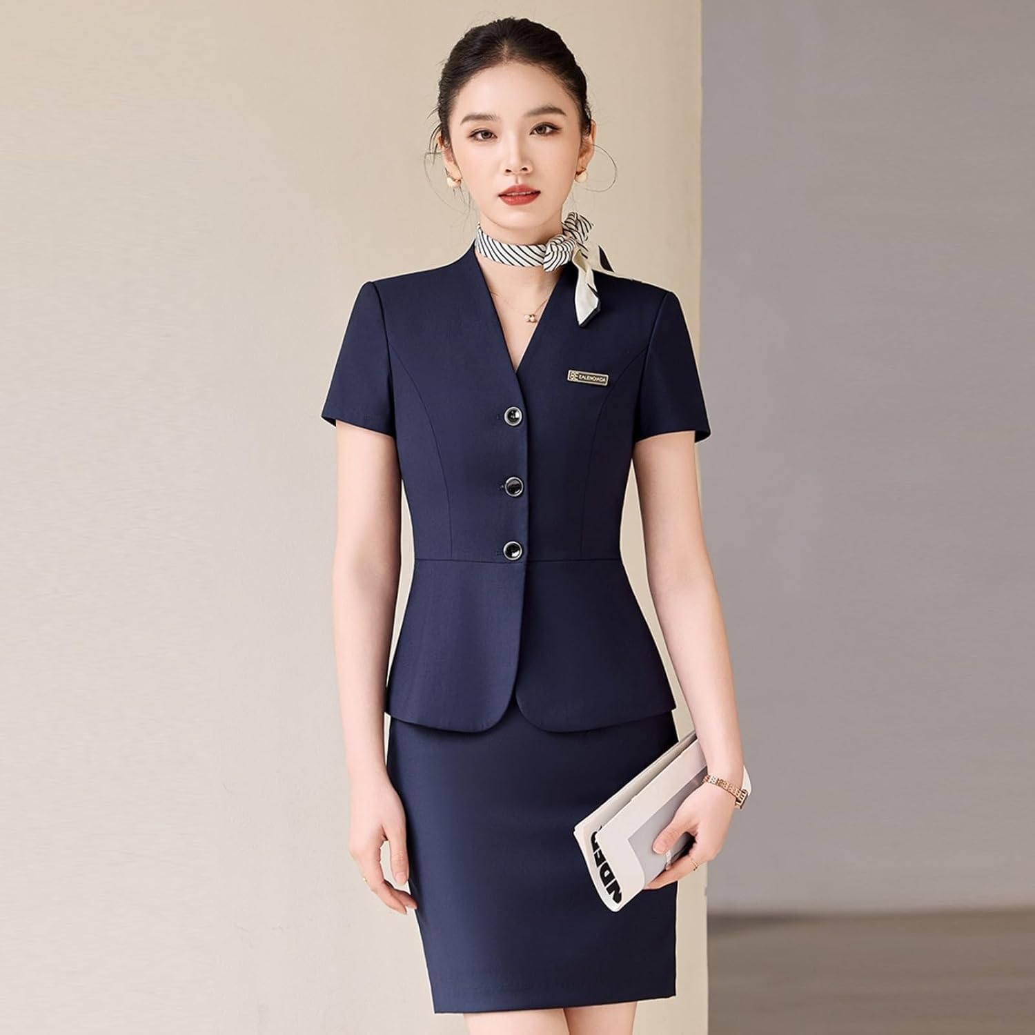 Short Sleeve Blazer and Skirt Set Women's Summer Office Workwear Uniform