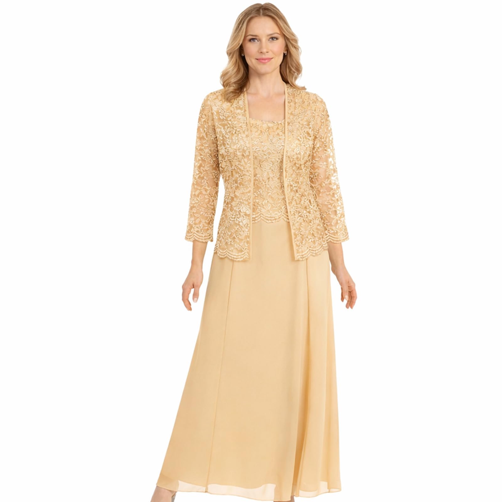 2 Piece Mother of the Bride Dress with Jacket, Long Chiffon A-Line Formal Evening Gown for Wedding (Gold,4XL)