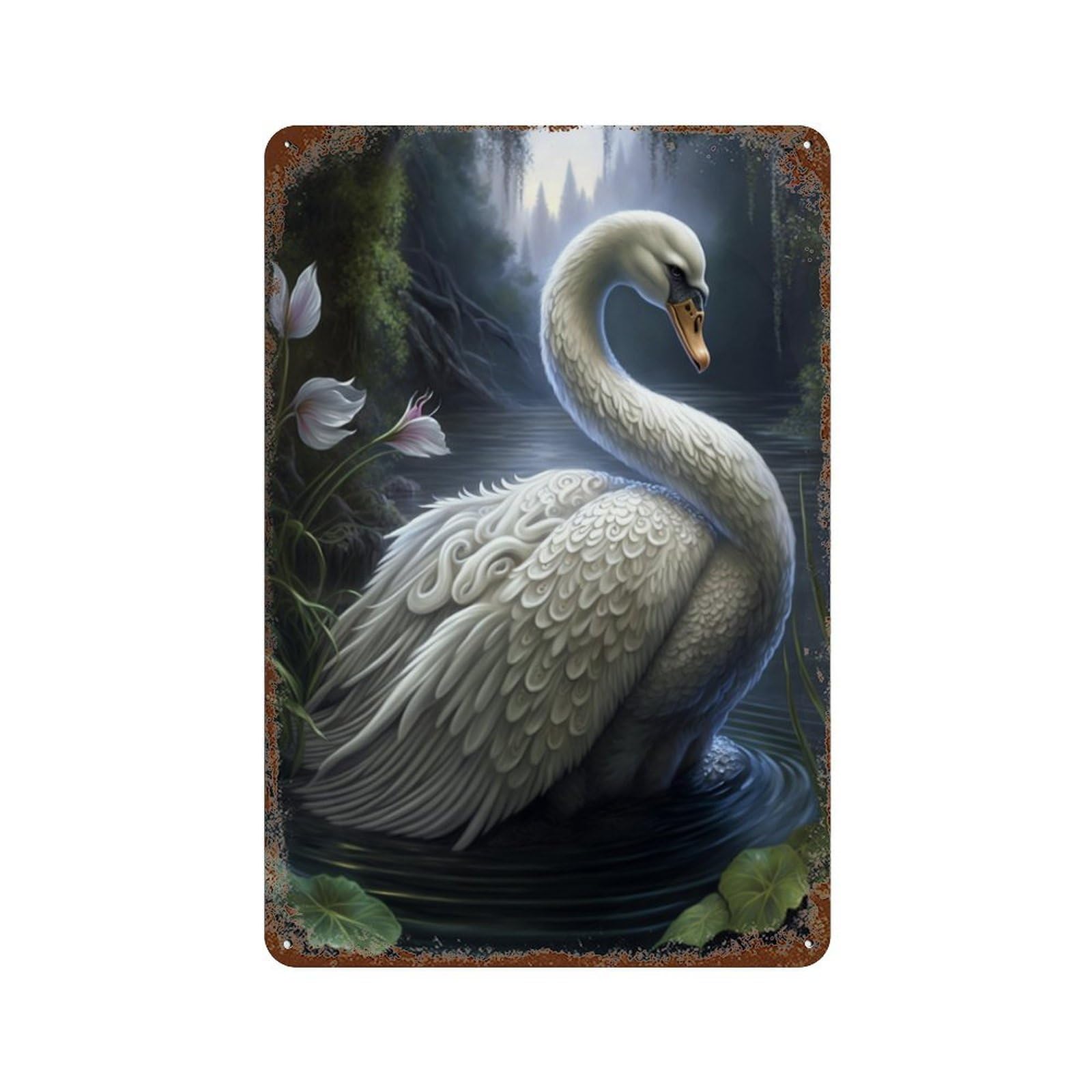 Enchanted Swan Pond Scene Decorative Tin Sign 11.8"x7.9", Retro Wall Decor for Garage, Pub Or Kitchen