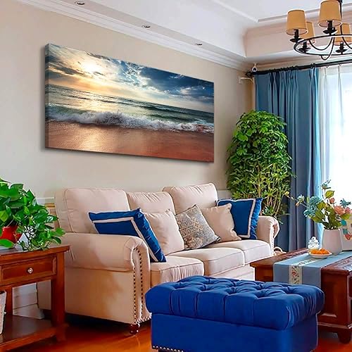 Miniatura 4 de Lienzo de playa para pared de sala de estar, dormitorio, decoración del hogar, amanecer azul océano, mar, playa, cuadros artísticos, decoración