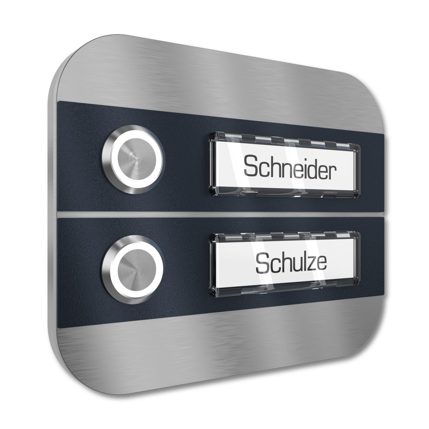 Mehrfamilien Aufputz Türklingel mit LED Taster 2 Namensschilder - V2A Edelstahl Klingel 140x115 mm - Name Beleuchtung wählbar für Haustür Zweifamilienhaus