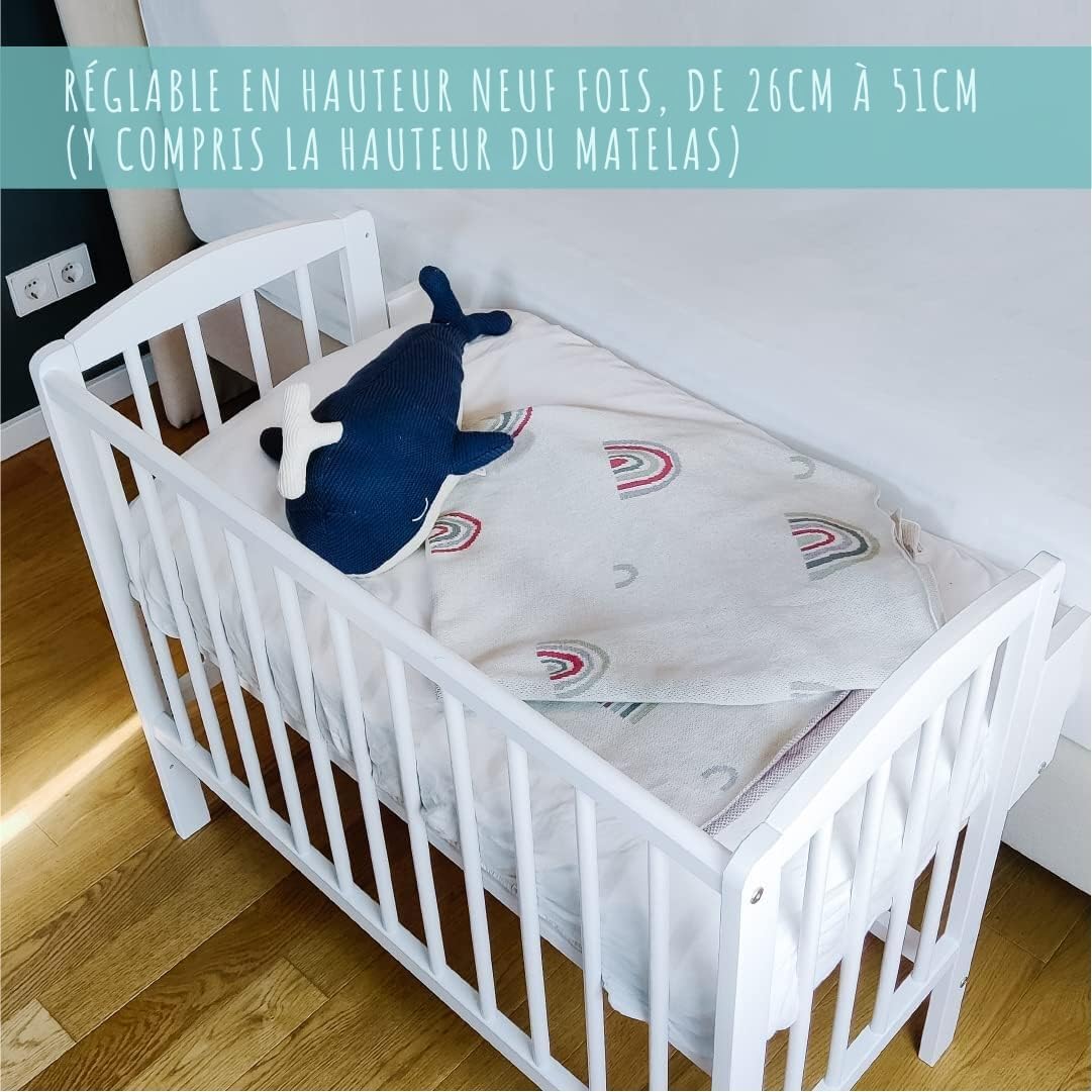 Lit d'appoint 90 x 40 cm avec Matelas, Transformable en 90 x 55 cm, Hauteur de Couchage réglable 9 Fois, utilisable comme transat pour bébé, en pin Massif Blanc