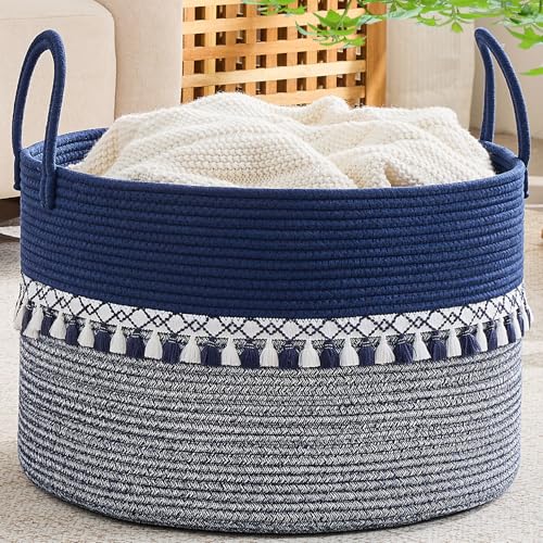 Image of KAKAMAY Cotton Rope Storage Basket (20 inchx13 inch),Woven Hamper for Blankets,Toys,Pillows,Clothes,Laundry,Sturdy Handles Decorative Basket for Living Room, Bedroom,Nursery(Blue /White)