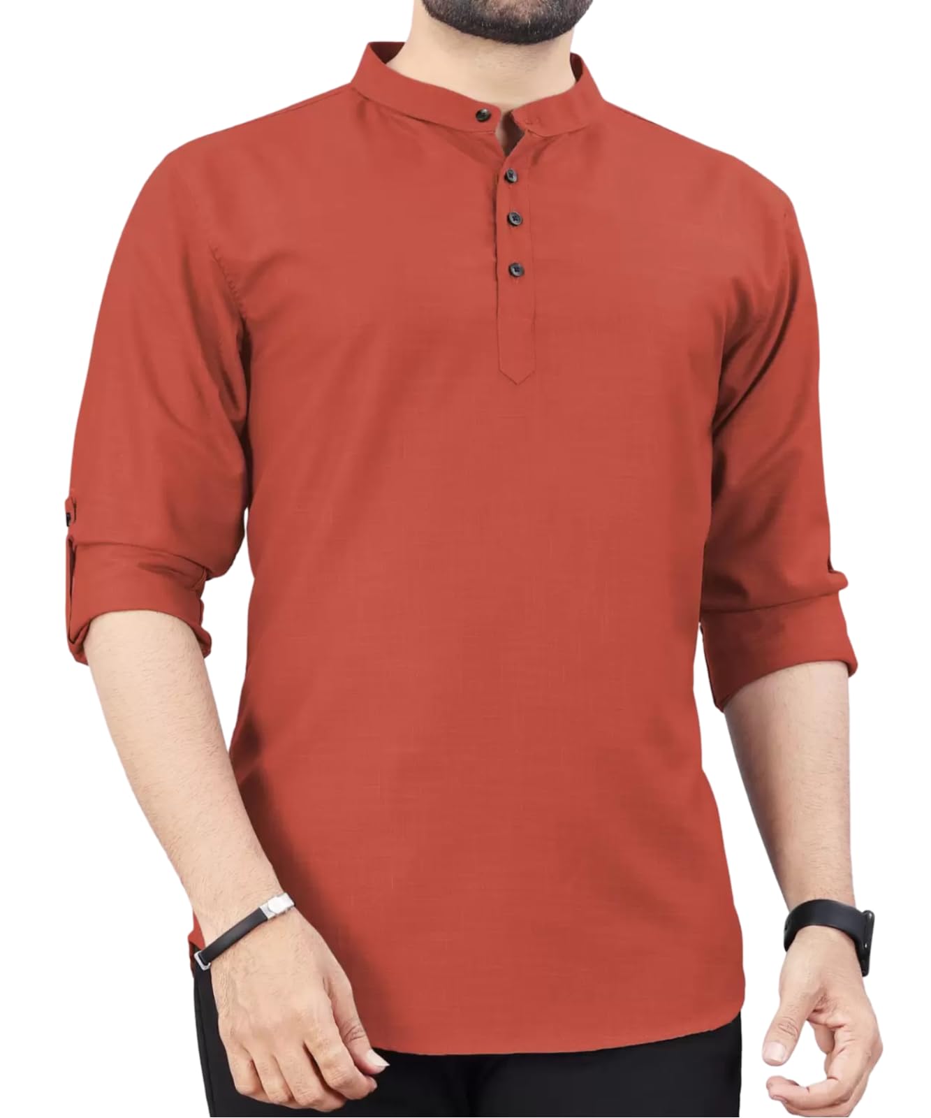 deemoon Men's Cotton Blend Kurta with Solid Regular Fit Mandarin Collared Neck Full Sleeve and Waist Length | Kurtas for Men-picture-11