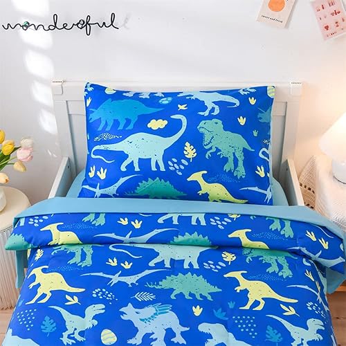 Miniatura 4 de Holawakaka Juego de ropa de cama de 4 piezas para niños pequeños colorido dinosaurio impreso en azul incluye edredón acolchado sábana bajera sábana