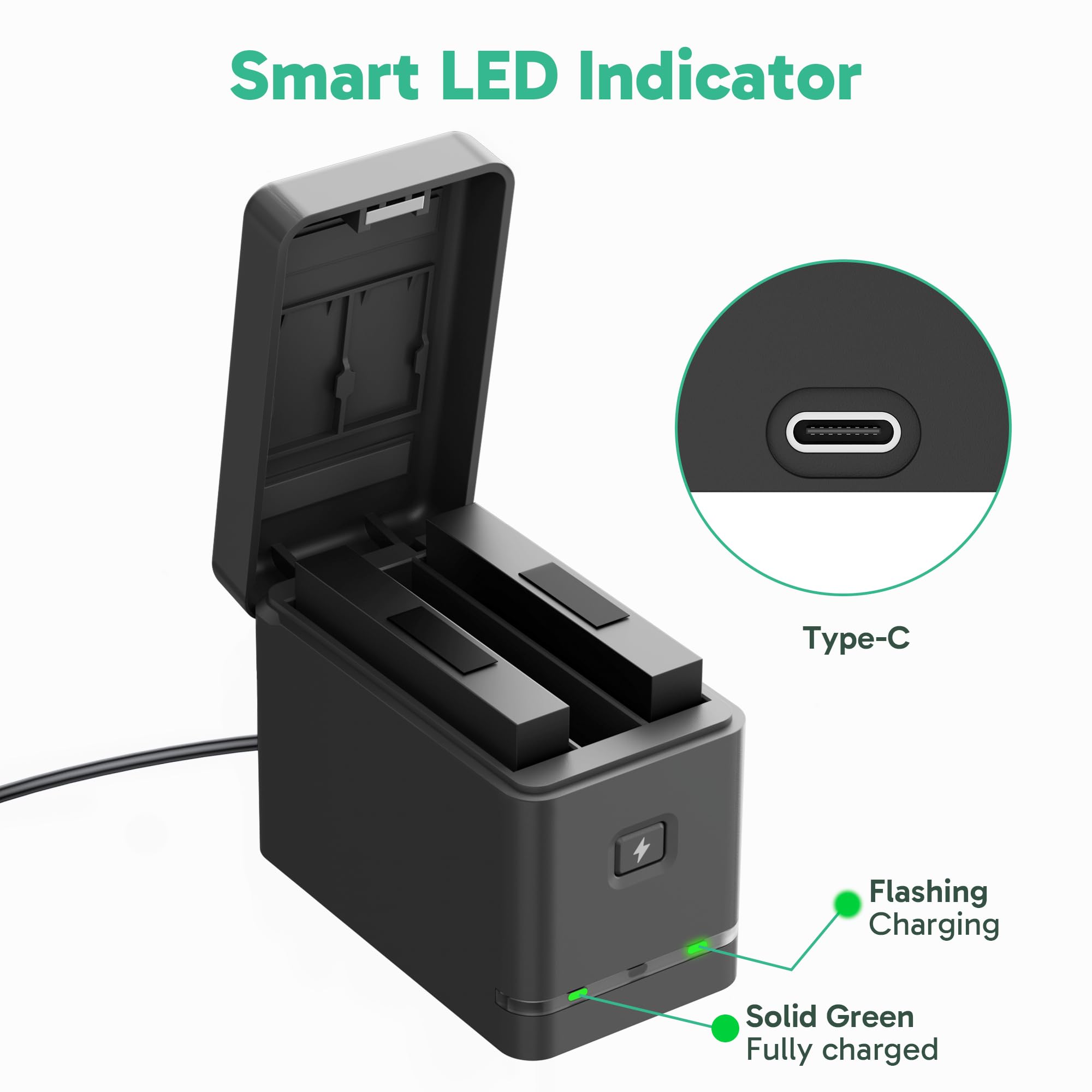 AKASO Batterie et Chargeur pour Caméra Sport AKASO 360, 2 Batteries Rechargeables de 1350mAh avec Boîtier de Charge à 3 Canaux et Emplacements pour Cartes microSD.