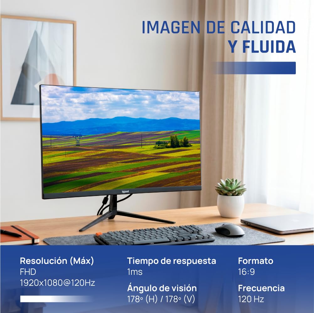 iggual Monitor Profesional 23,8” con Altavoces Integrados- Panel IPS(1920x1080)@120Hz (FHD)-Respuesta 1ms- Pantalla Frameless 99% sRGB-Conexiones: VGA y HDMI-Flicker Free-Compatible VESA -Negro