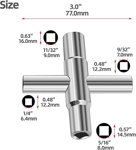 Miniatura 5 de 4 Way Sillcock Key Wrench 2 Pack Set, 1/4", 9/32", 5/16", 11/32" Steel Multi-Function Utility Key, Universal Cross Zinc Alloy Water Key for Valve,