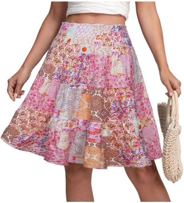Women's Boho Floral Print Elastic Waist Mini Skirt Layer Hem A Line Tiered Summer Short Skirts