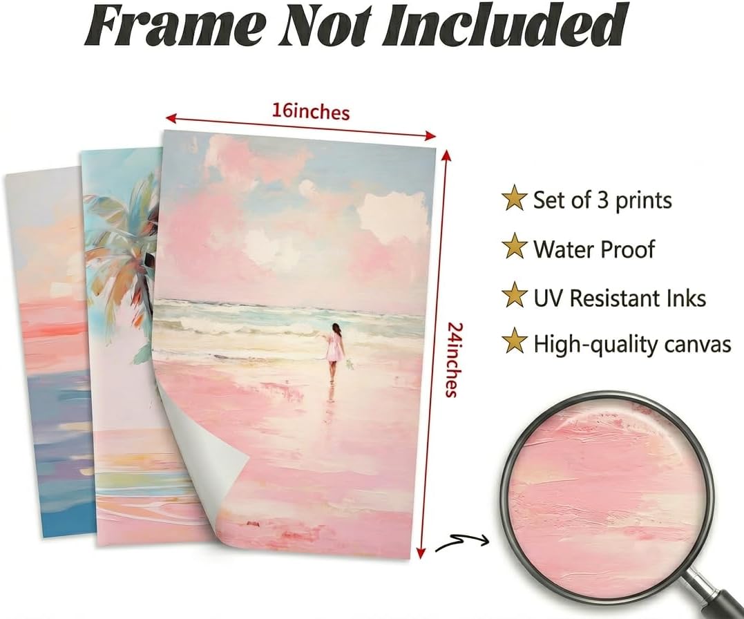KKJ Pink Coastal Canvas Wall Art Set of 3, 16x24 Unframed Prints, Sailboat Surfboard Beach Posters for Teen Girls Dorm Room Bedroom Apartment Decor