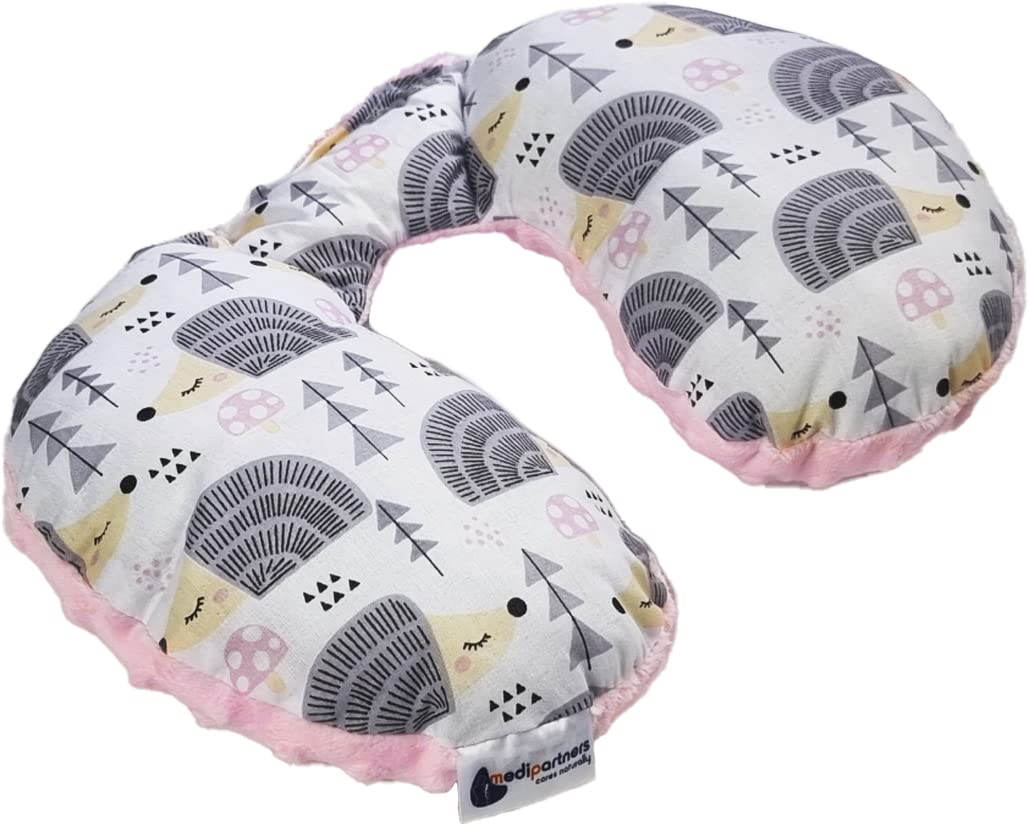 Medi Partners NACKENKISSEN Kinder Nacken Nackenstütze 100% Baumwolle/Minky Baby Nackenhörnchen für auto Kinderwagen autofahrt reisen Schlaf Hals kissen Schlummerrolle (graue Igel mit hellrosa Minky)