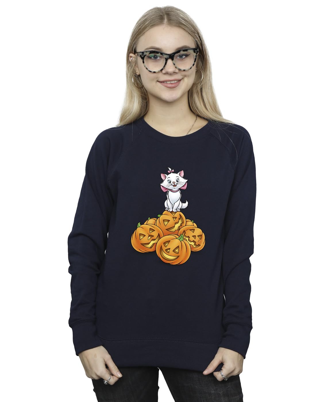 Absolute Cult Women's Navy Blue Disney The Aristocats Marie Halloween Pumpkins Sweatshirt X-Large