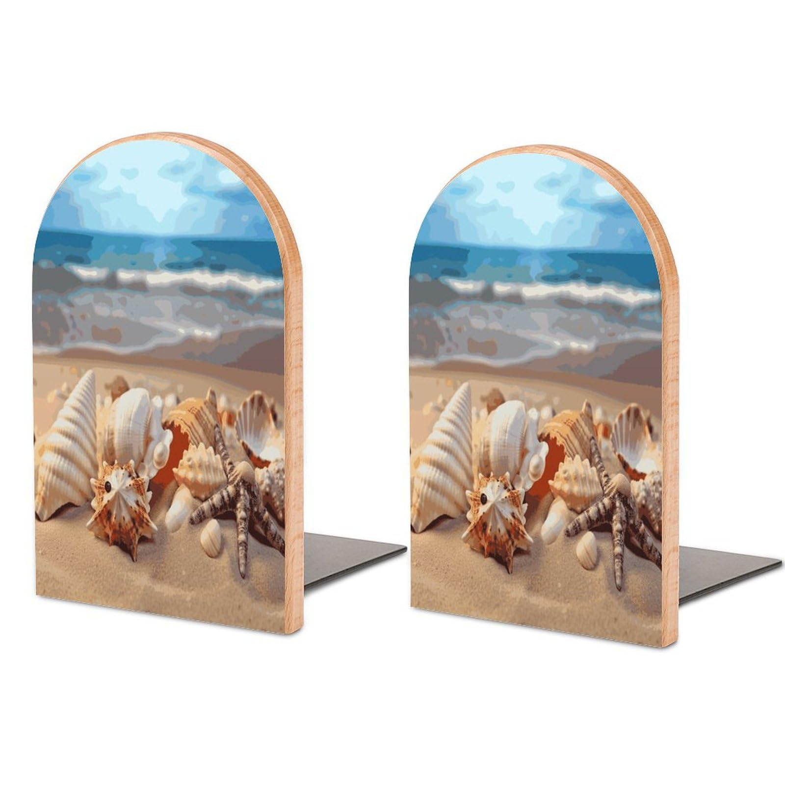 Seashells on The Sandy Beach Bookend for Shelves Non-Skid Book Holder Modern Heavy Duty Bookend Stopper Metal Base Wood Book End Books Shelf Holder Home Decorative 1pair 5x3.9x3.1