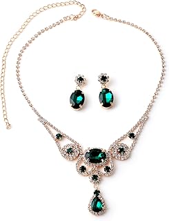 Topwholesalejewel Gold Crystal Rhinestone and Emerald Green Stones with Dangle Emerald Green Teardrop Stone Necklace and C...