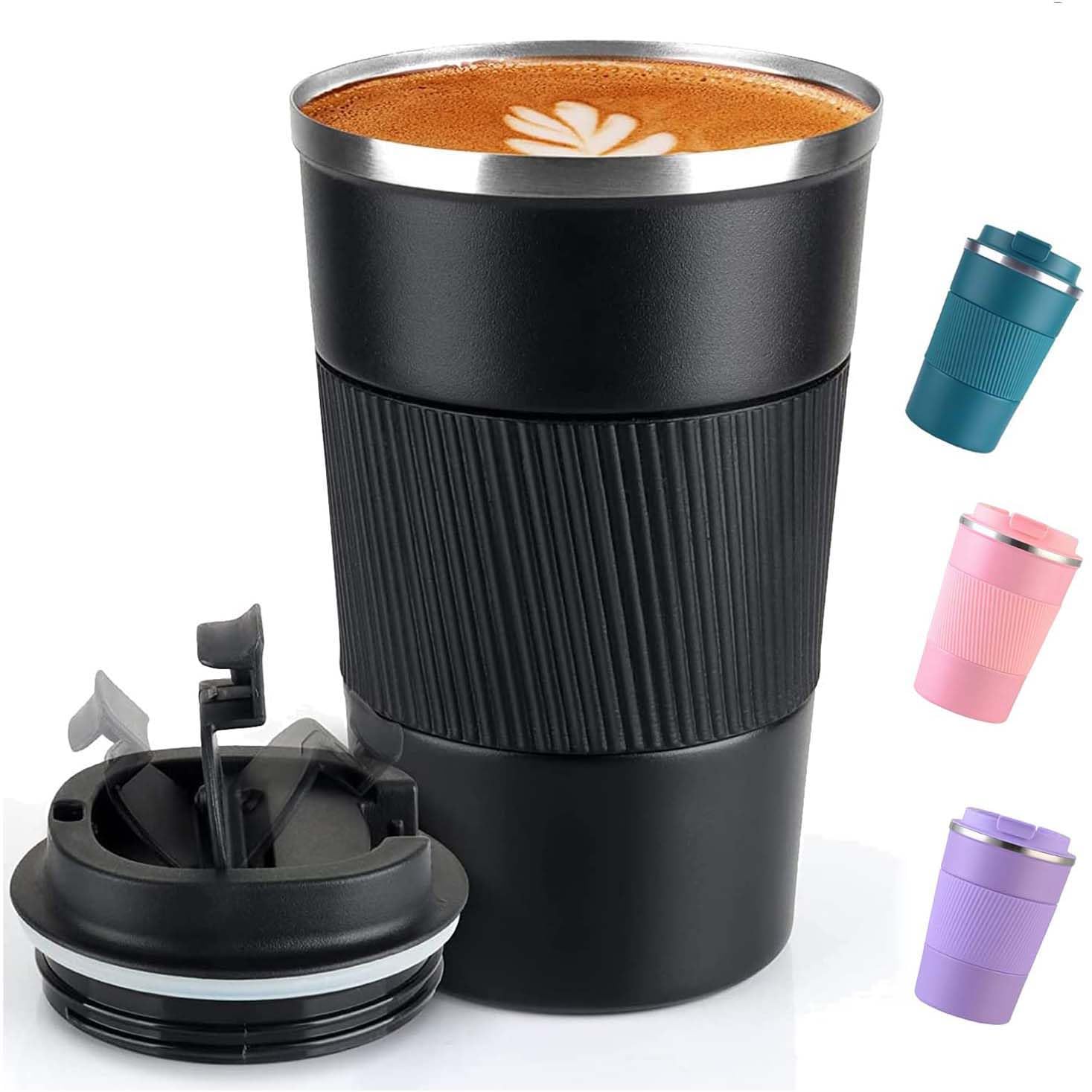 AidShunn Travel Mugs, 380ml Insulated Coffee Cup with Leakproof Lid - Reusable Double Walled Coffee Mug, Stainless Steel Thermal Cup for Hot Cold Drinks, Water and Tea (Black)