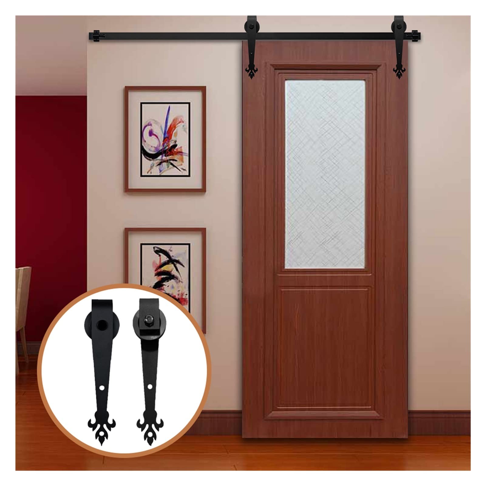 Sliding Door Hardware Barn Door Hardware Black Rustic Carbon Steel Sliding Barn Door Interior Leave-Shaped Roller for Single Door(7.5FT 2300mm)