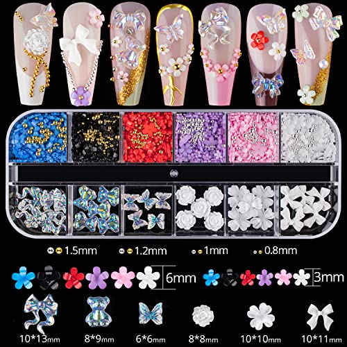 Mixed 3D Nail Art Gems Kit #2, Multi Shape Butterfly Bow Flower Pearl Rhinestones Charm Jewels For Acrylic Nails Decoration Accessories #TOP2