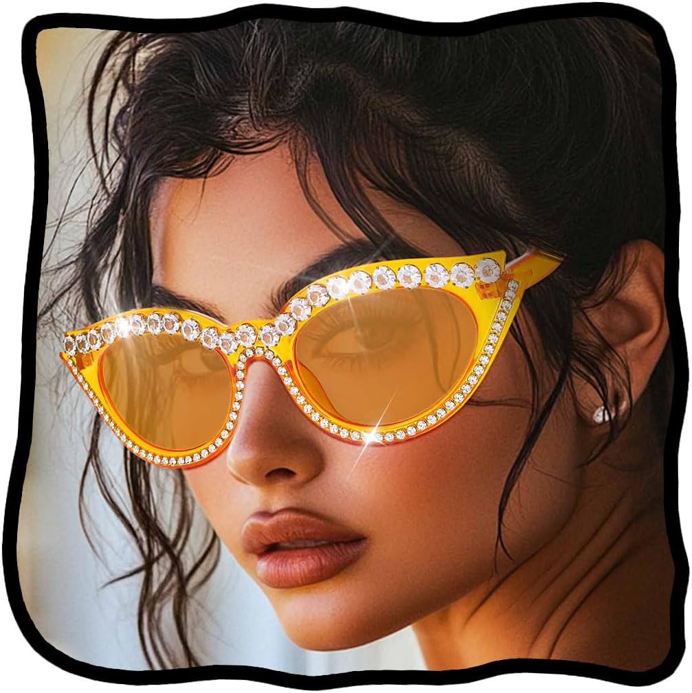 Woeoe Cat Eye Sunglasses for Women Black Rhinestone Bling UV400 Protection Sun Glasses for Summer Beach Party