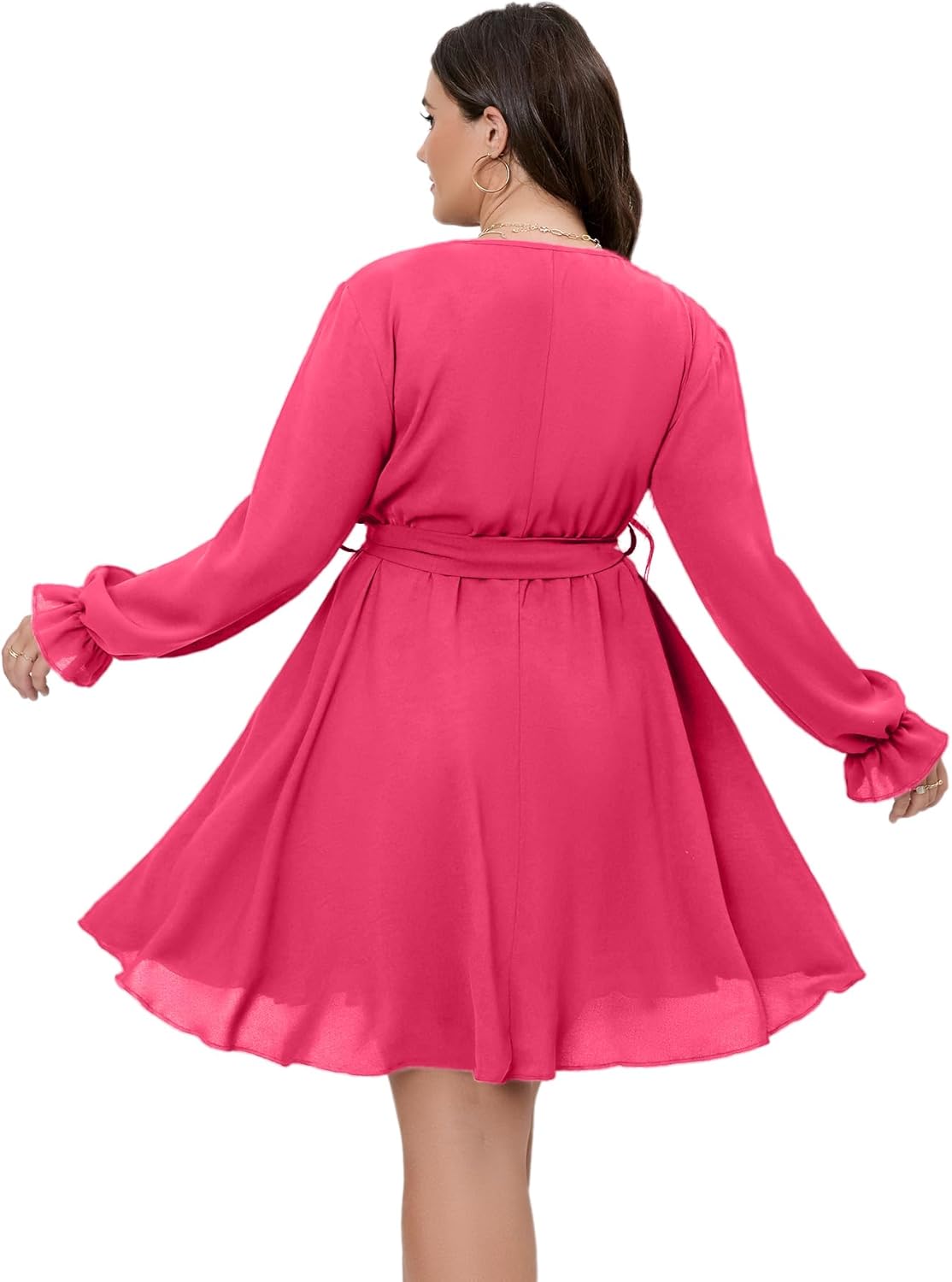 SCOMCHIC Women's Plus Size Long Sleeve Wrap V Neck Tie Waist A Line Mini Dress - Image 5