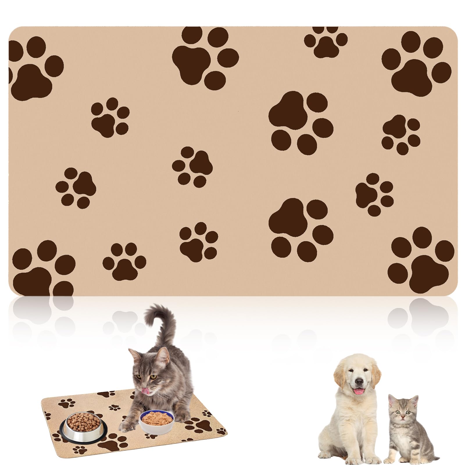 Dog Bowl Mats Non Slip, Durable Pet Food Mat Practical Dog Mat for Bowls with Brown Paw Prints, Easy Clean Pet Feeding Mats for Dogs Cats and Other Pets (30x50cm)