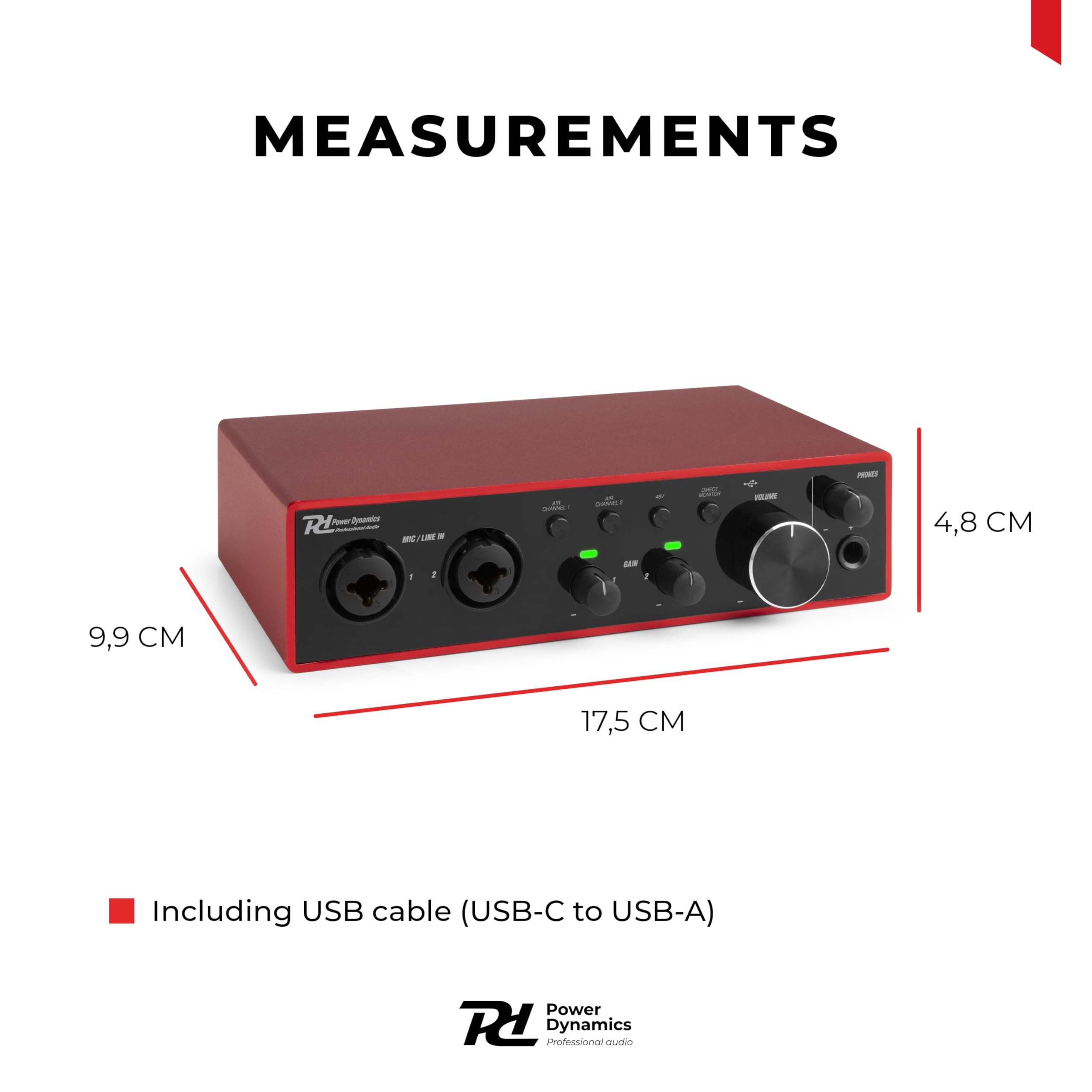 Power Dynamics PDX22 Interfaccia audio USB - Alimentazione phantom 48 V, Cavo USB-C incluso, 2 ingressi Micros/Strumenti, 1 uscita cuffie, ideale per musicisti, compositori e Home Studio