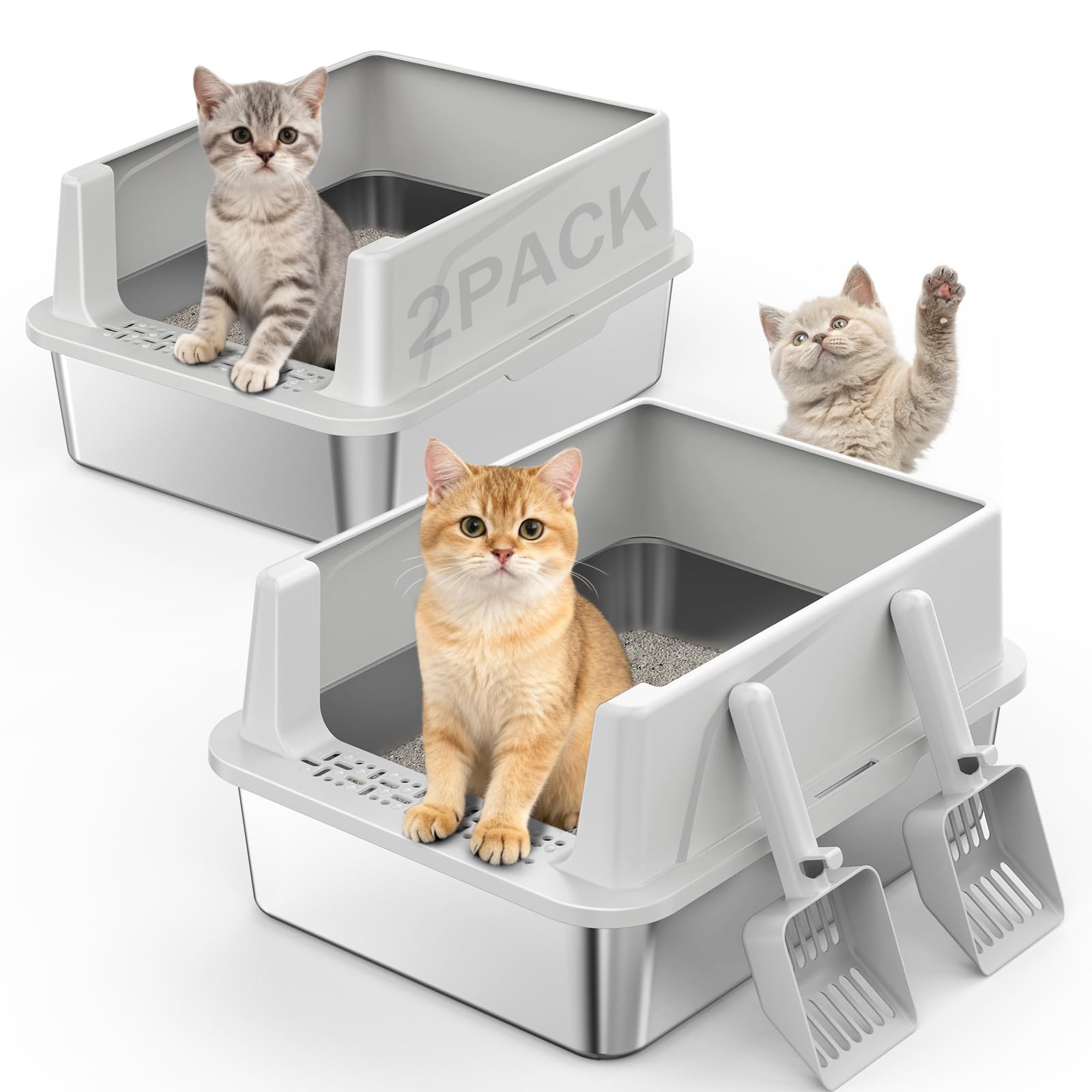 2PACK Stainless Steel Cat Litter Box with Lid, High-Sided Metal Litter Pan for Small Cats, Kitty Litter Box, Non-Stick & Odor-Resistant, Anti-Urine Leakage, Easy to Clean, Scoop Included