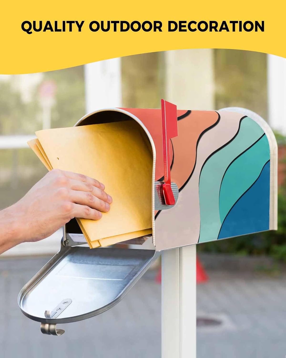 Geometric Mailbox Covers Magnetic Standard Size, Decorative Post Letter Numbers Box Wrap Decoration Covers Large Accessories for Garden Yard Outdoor Décor Red Orange Teal Blue Tan Minimalist Stripes