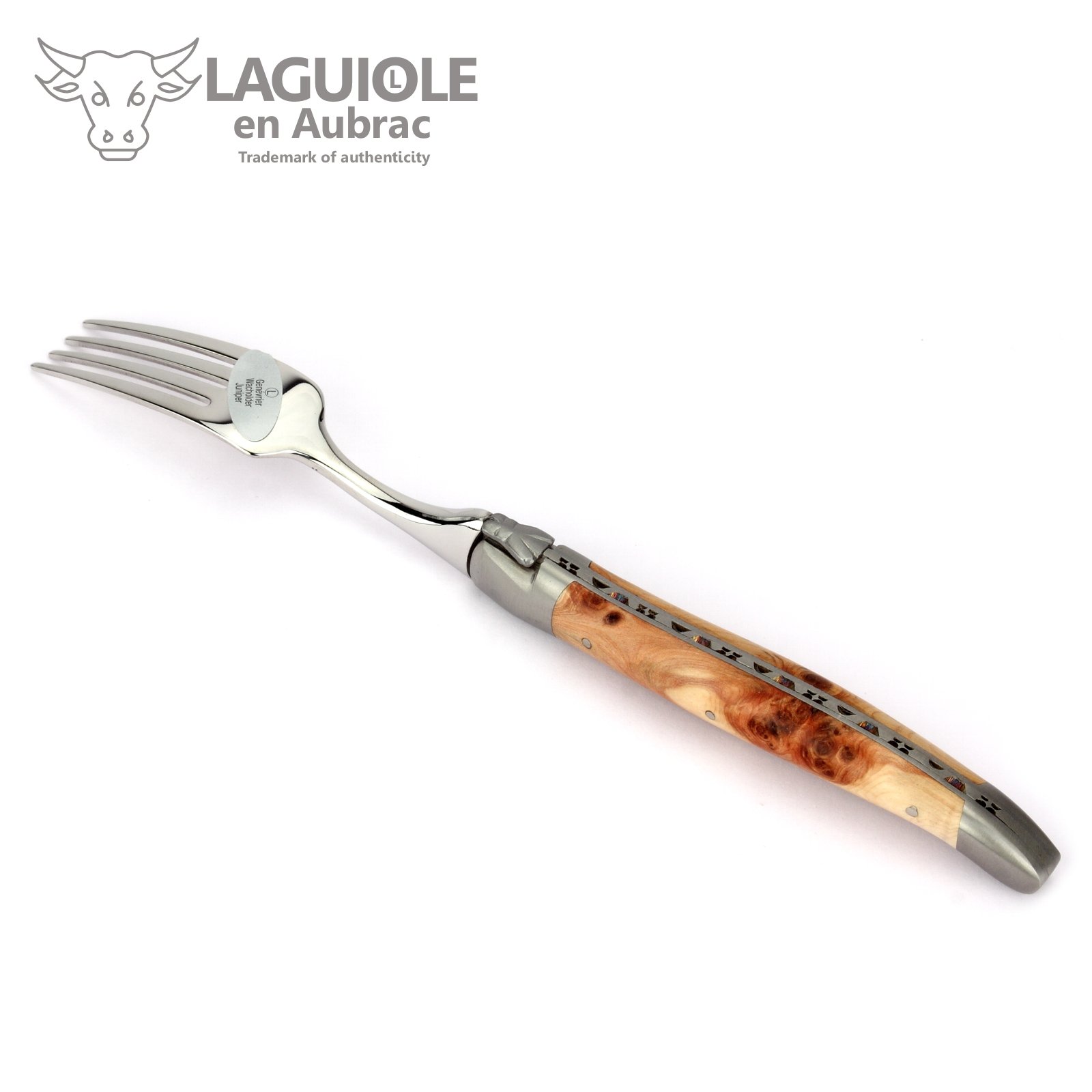 Laguiole en Aubrac - 1 Steakmesser und 1 Gabel im Besteck-Set - Griff Wacholder Holz - Original Frankreich mit Zertifikat