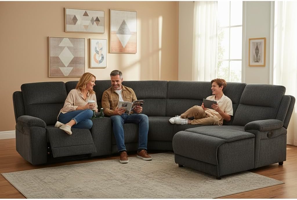 Power Reclining Sectional Sofa Set, L-Shaped Sectional Couch for Living Room, Home Theater Seating with Cup Holders, Modern Intelligent Recliner Sofa, Gray Black