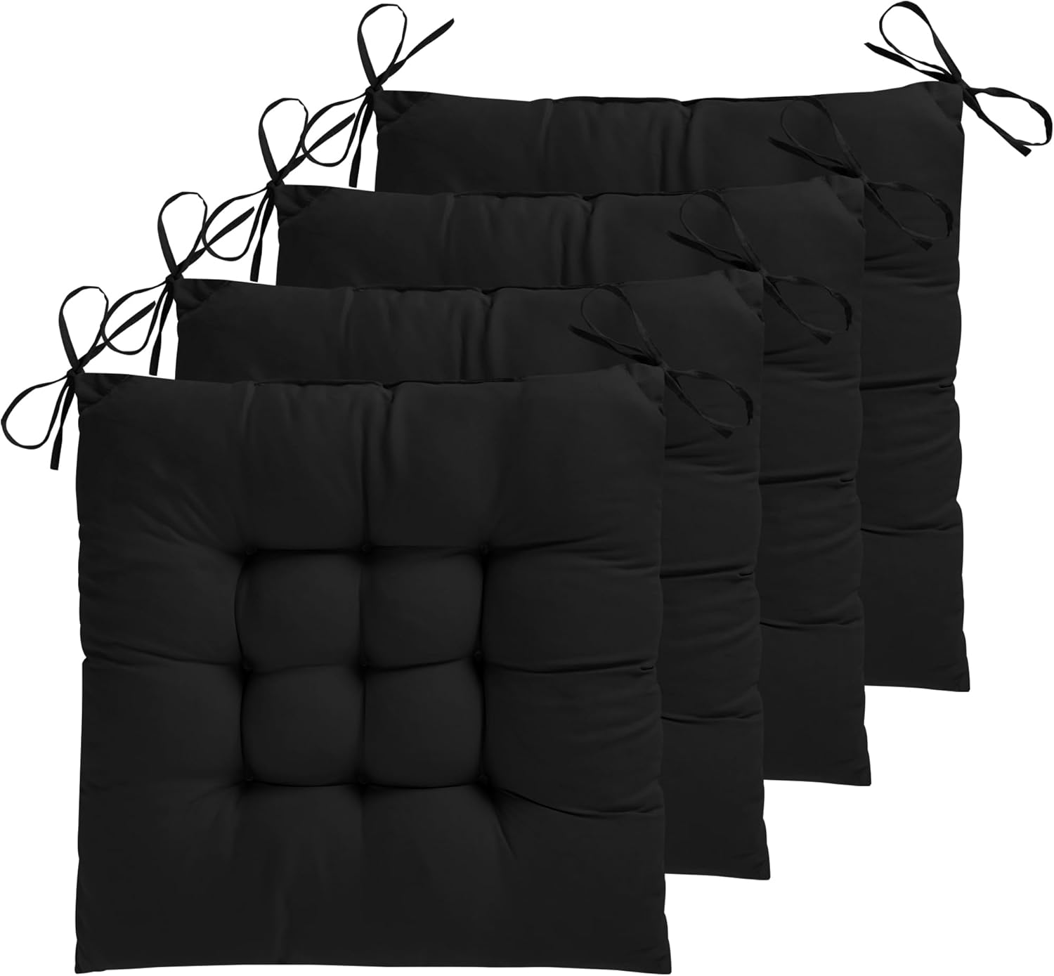 ELFJOY 4 Pack Chair Cushions for Dining Chairs 17x17 inch Seat Cushions for Kitchen Chairs Soft and Comfortable Square Chair Pads with Ties, Black